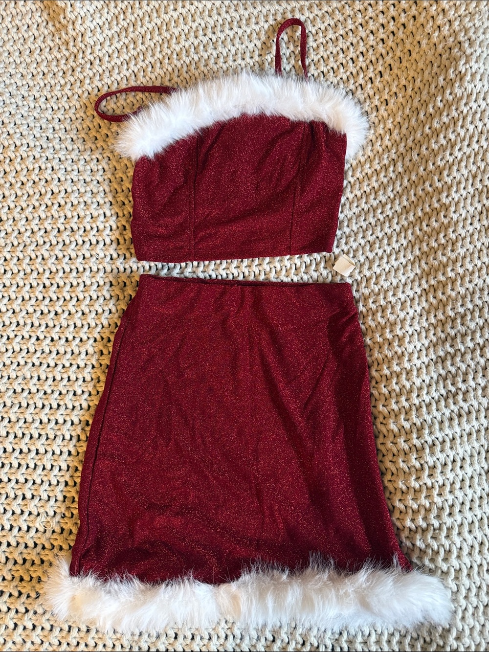 Sparkling Red Faux-Fur Trim Bandeau Top & Skirt Set
